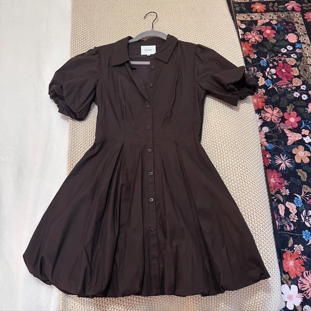 Reformation Dark Brown Mini Dress with Puff Sleeves